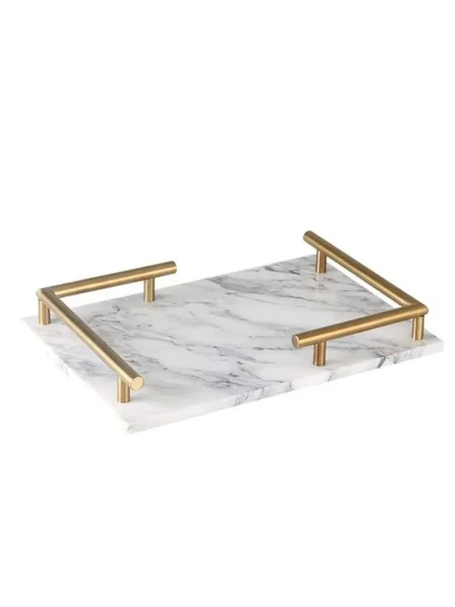 1 تشيس 1CHASE Rectangular White Marble Tray with Gold Handles